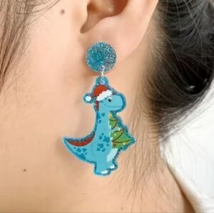 Sparkly Christmas Dinosaur Post Earrings Glitter Acrylic Holiday Dangle New